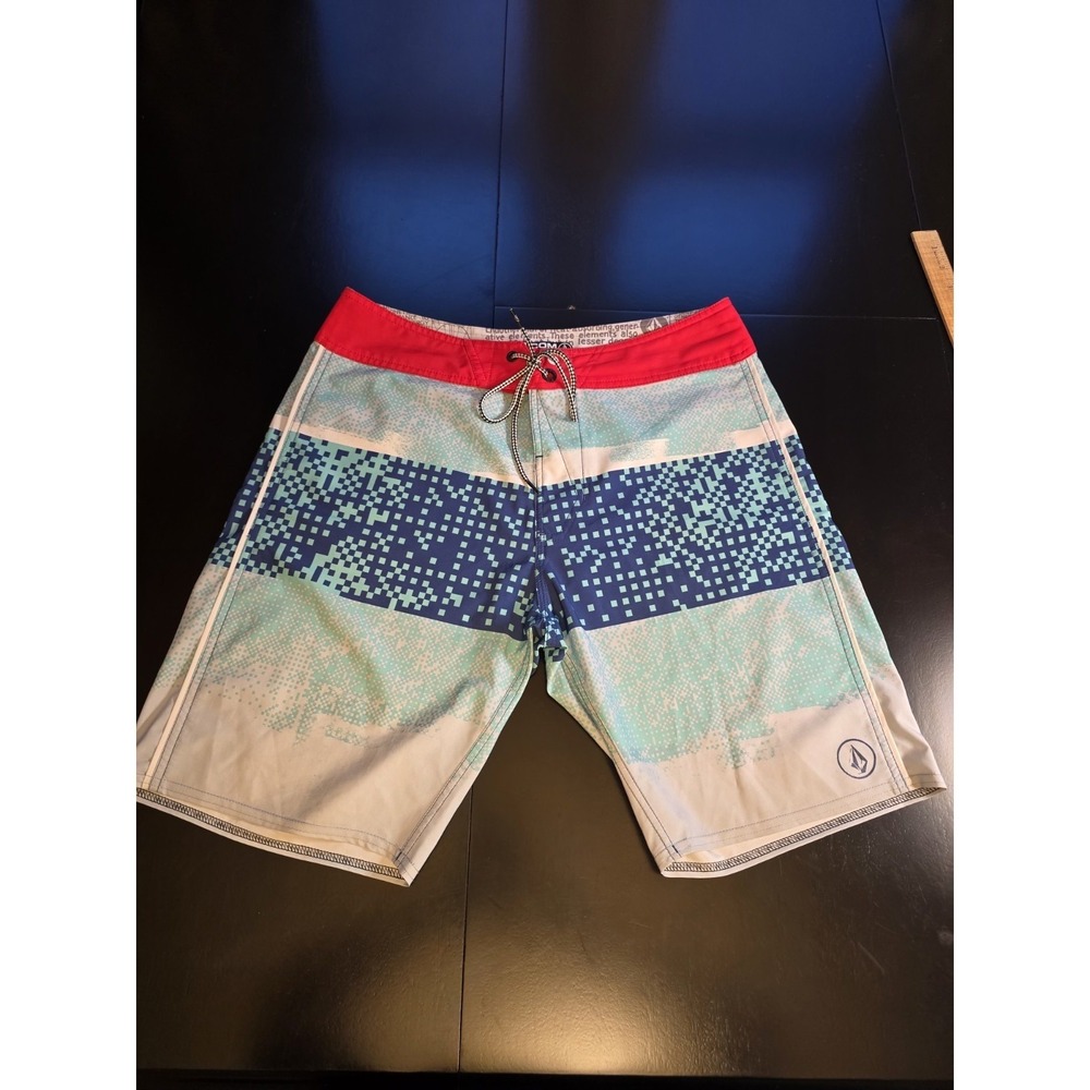 Volcom Lido Square Boardshorts‎ Mens 31 Blue Teal Digital Print 4-Way Stretch...